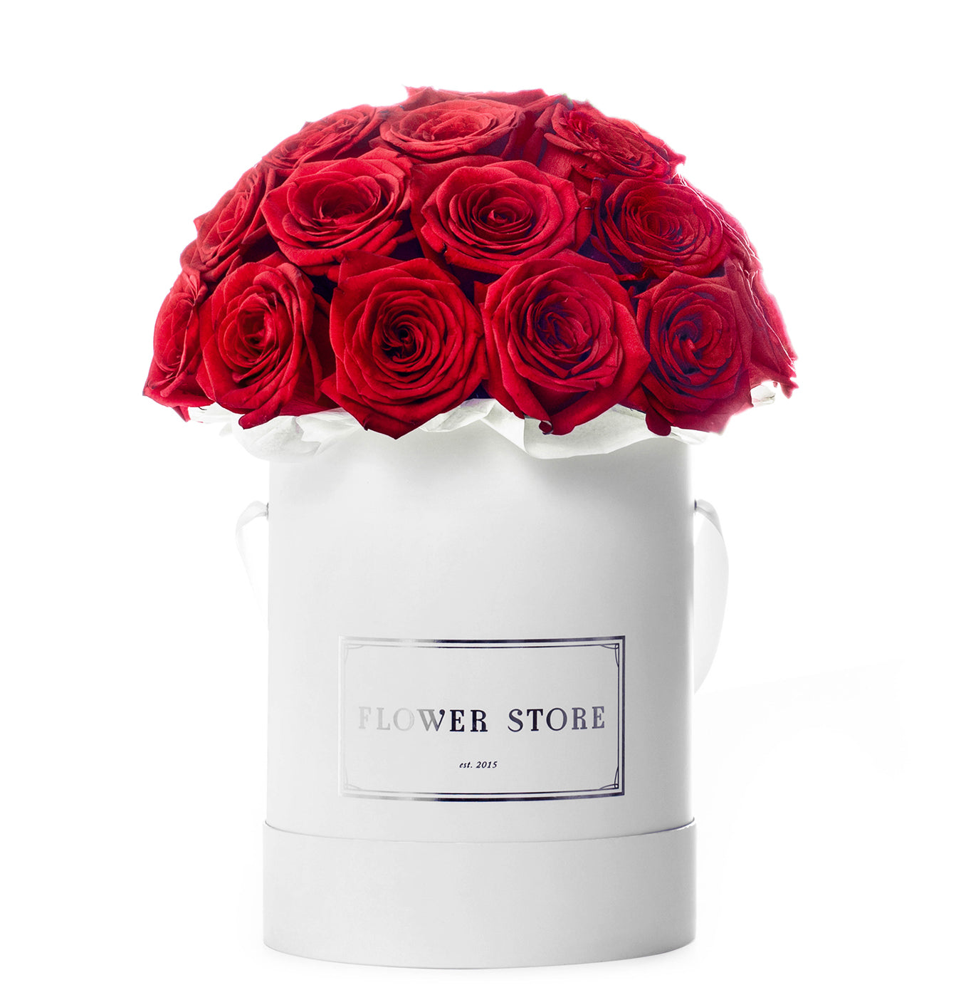 Large white box with red roses - live flowers