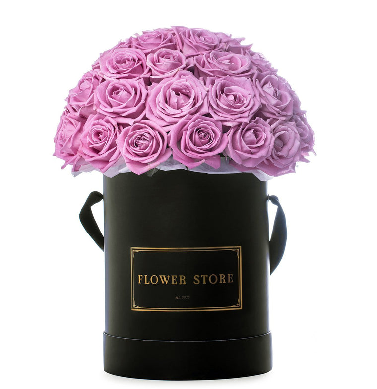 Large black flocked box with pink roses - live flowers