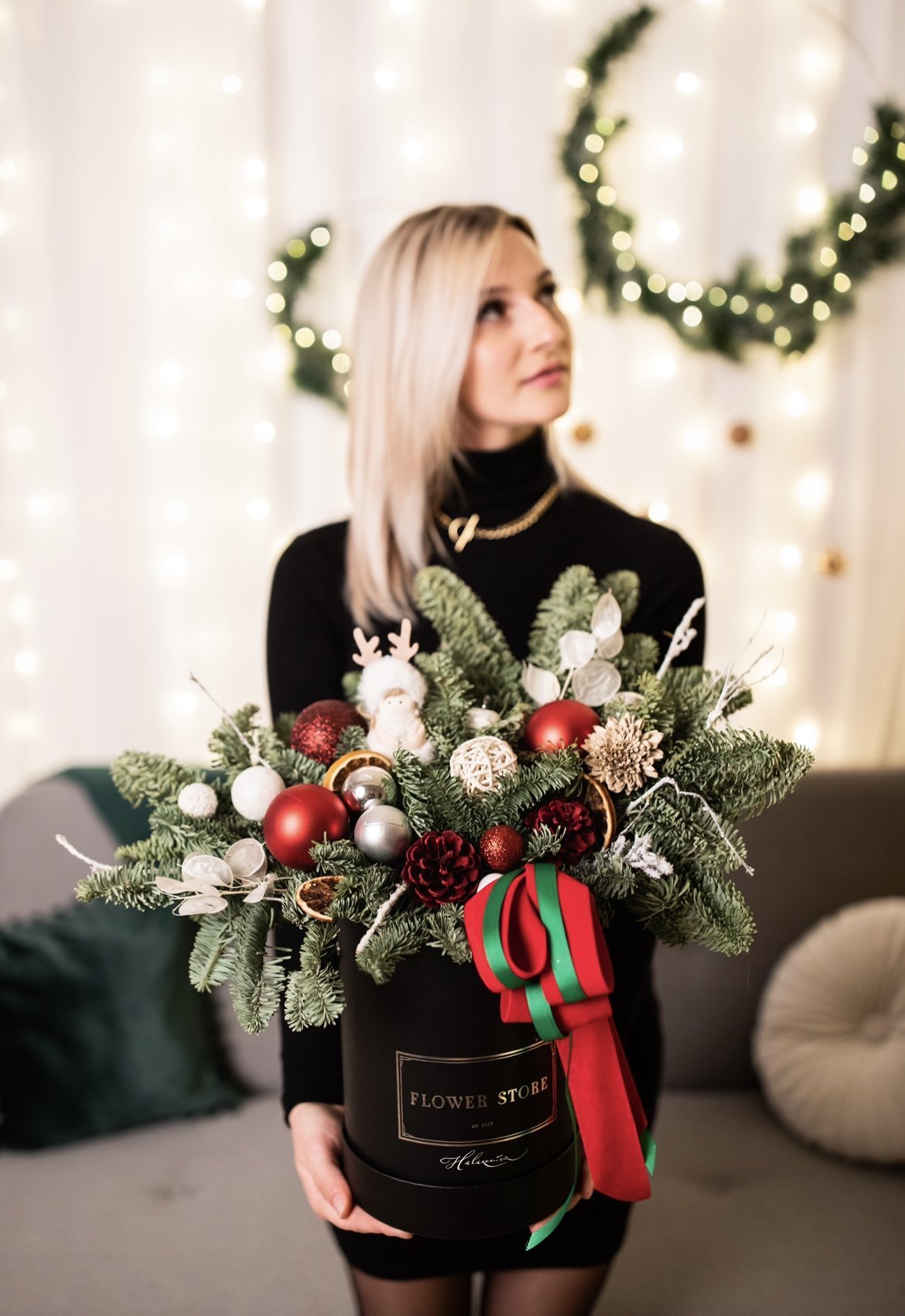 Duży naturalny świąteczny box w czarnym pudełku - kwiaty Flower Store Warszawa