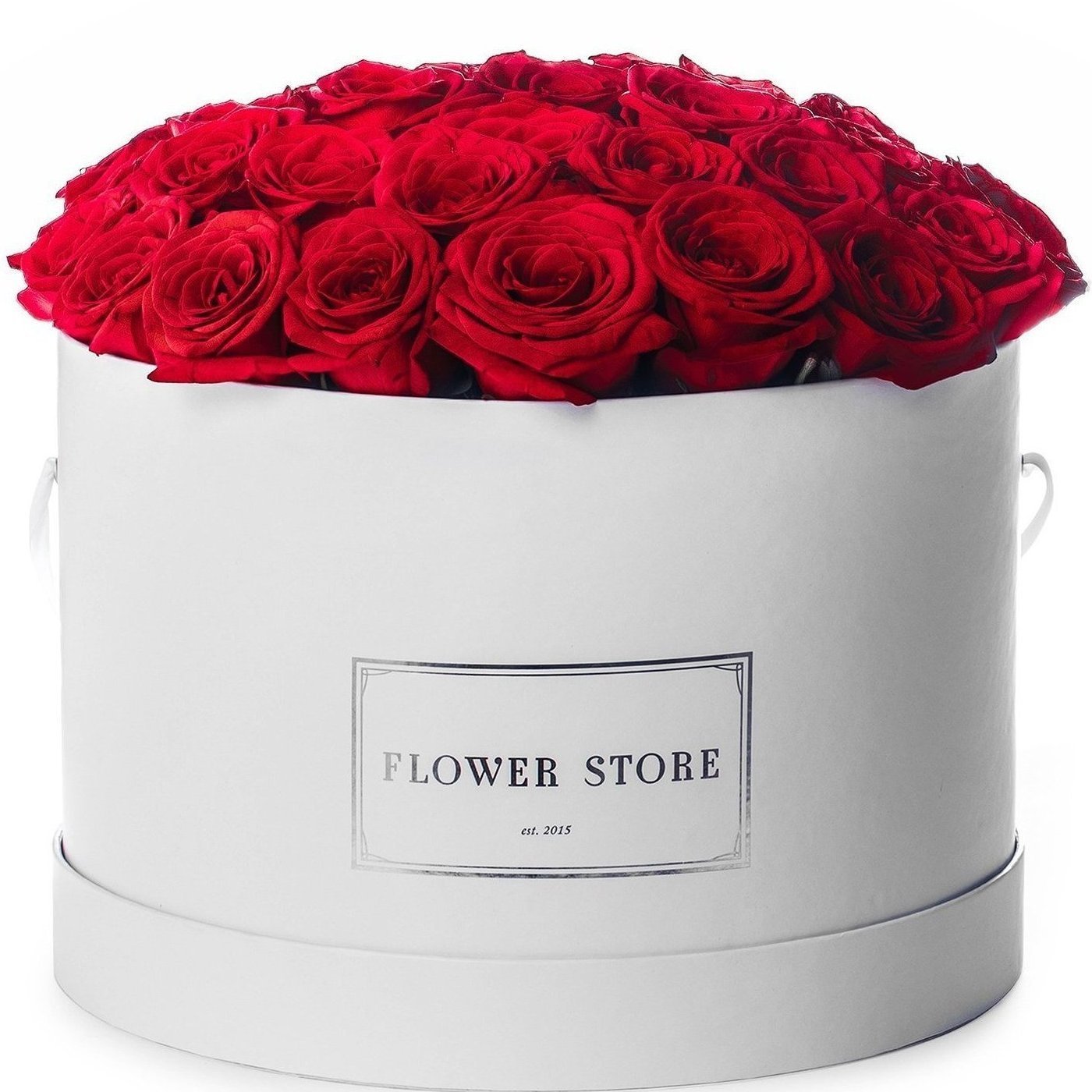 Biały grande flowerbox czerwone róże - kwiaty żywe
