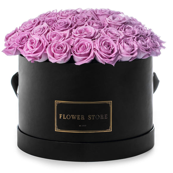 Czarny grande box z różowymi różami - kwiaty żywe