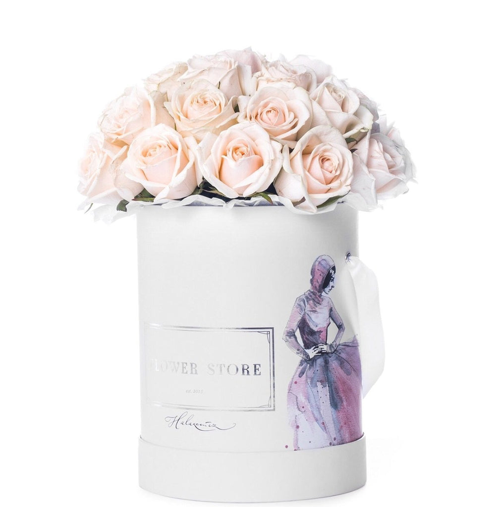 Large white box with white eternal roses