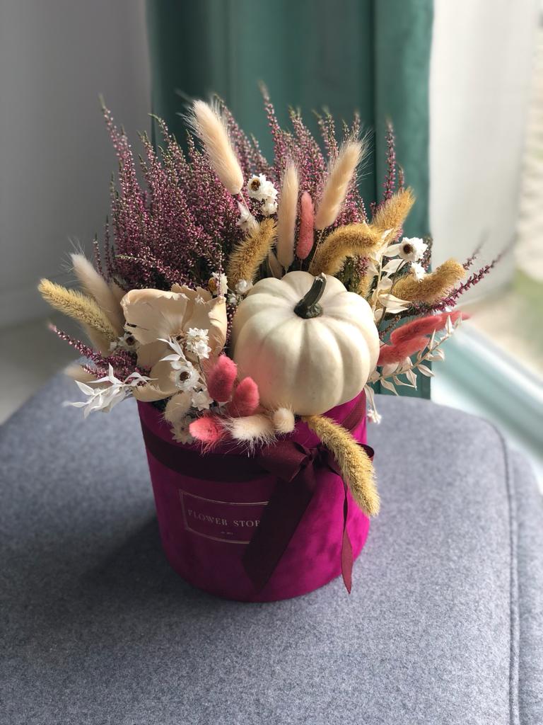 Fuchsia flocked flowerbox with autumn composition - pumpkin and heather