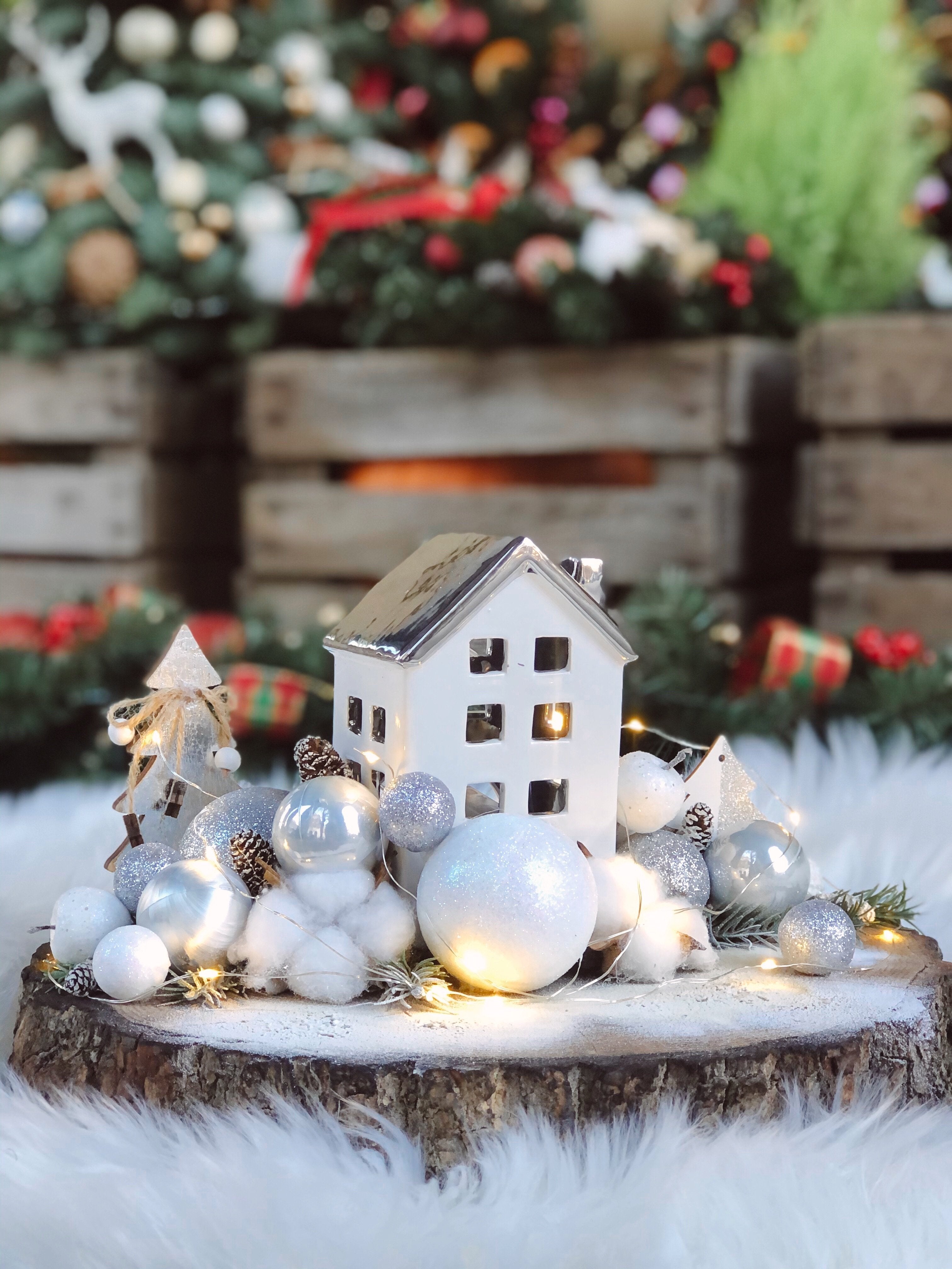 Christmas House decoration on a wooden sheet