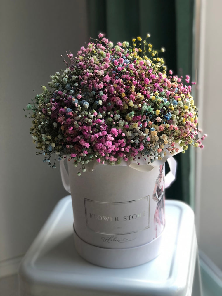 Colorful gypsophila in a large white flowerbox with graphics
