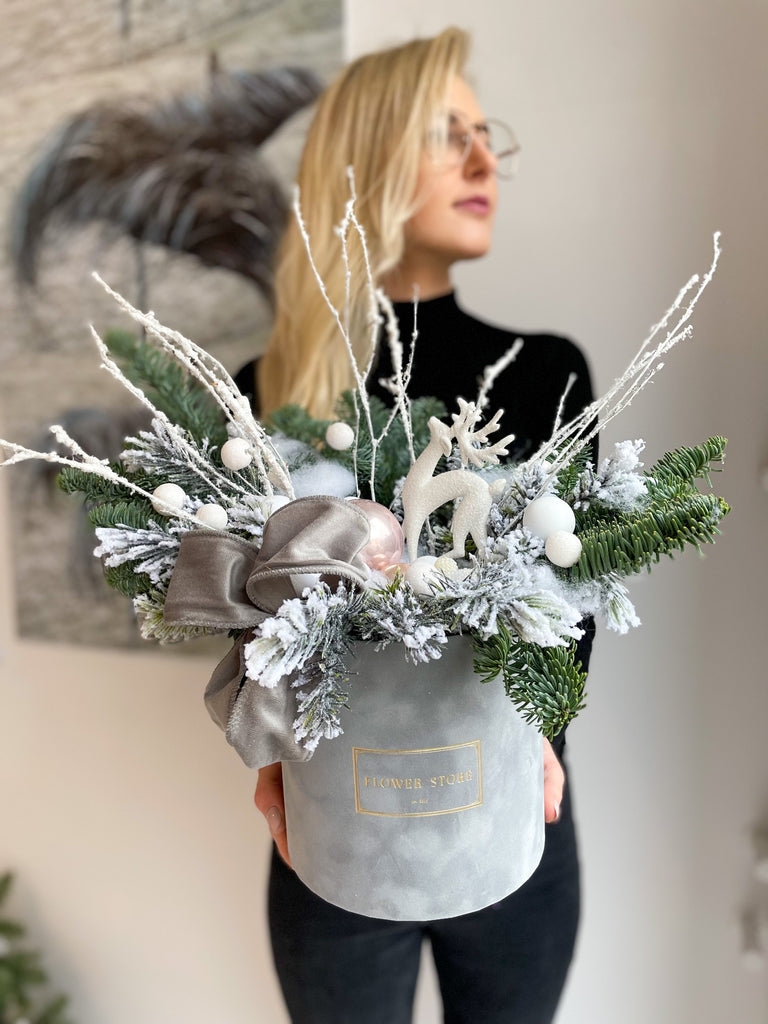 Gray flocked natural Christmas box