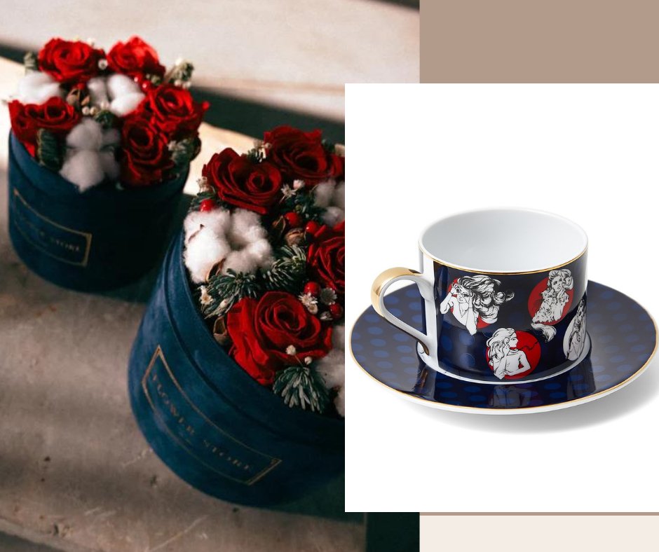Pre-order Zestaw Prezentowy Filiżanka Spadiora i Flowerbox świąteczny z wiecznymi różami