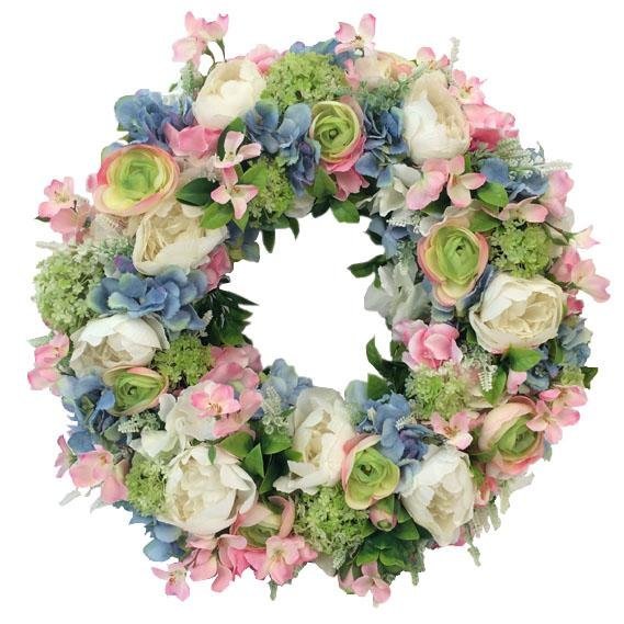 Wieniec na drzwi - różowo niebieska kompozycja - kwiaty sztuczne - kwiaty Flower Store Warszawa